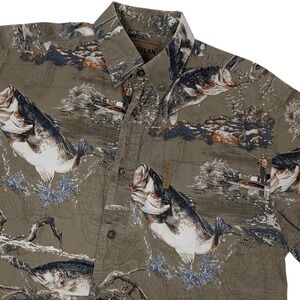 Magellan Sportswear Men's Medium Bass Fishing Graphic Button Down Shirt Brown